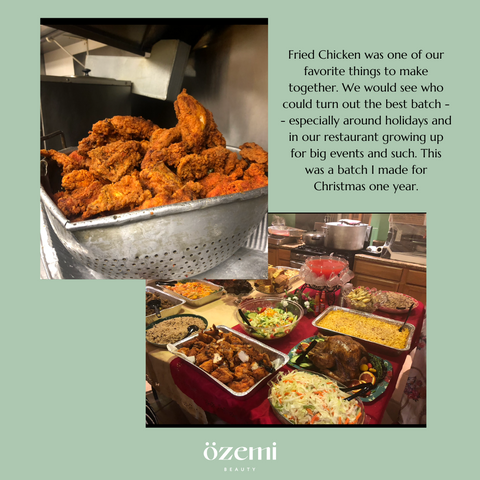 Image of fried chicken on a stove and a table set bottom right at Christmas dinner 