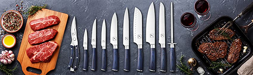 Blue Diamond Sharp Stone Nonstick Stainless Steel Cutlery, 4-Piece Set Including Chef Santoku Serrated and Pairing Knives with Covers