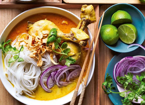 Khao Soi is a classic Thai dish of rice noodles, chicken, and broth. It is a great protein, fiber, and vitamins A and C source.