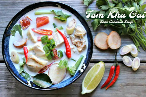 Tom Kha Kai is a rich, coconut-milk-based soup with chicken and mushrooms.