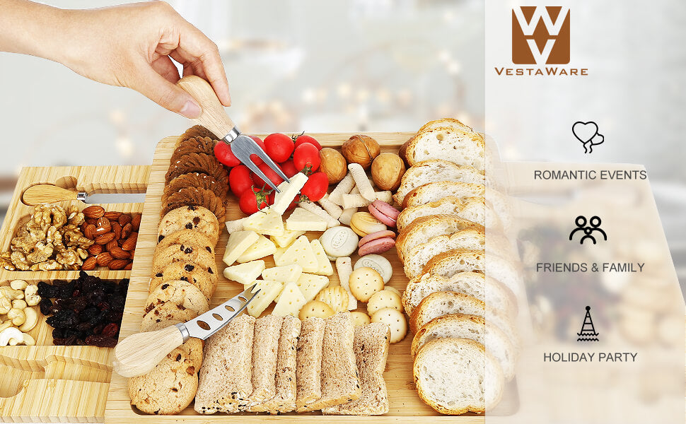 Perfect Gift From serving cheese to crackers to fruit, Vestaware charcuterie boards complement any kitchen with their natural bamboo look. This is the perfect gift idea. Whether it's for family or friends, it makes a great gift for a wedding, housewarming, anniversary, Bridal Shower Gift for Women or Christmas.