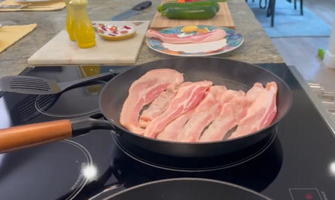 frying food with a cast iron pan