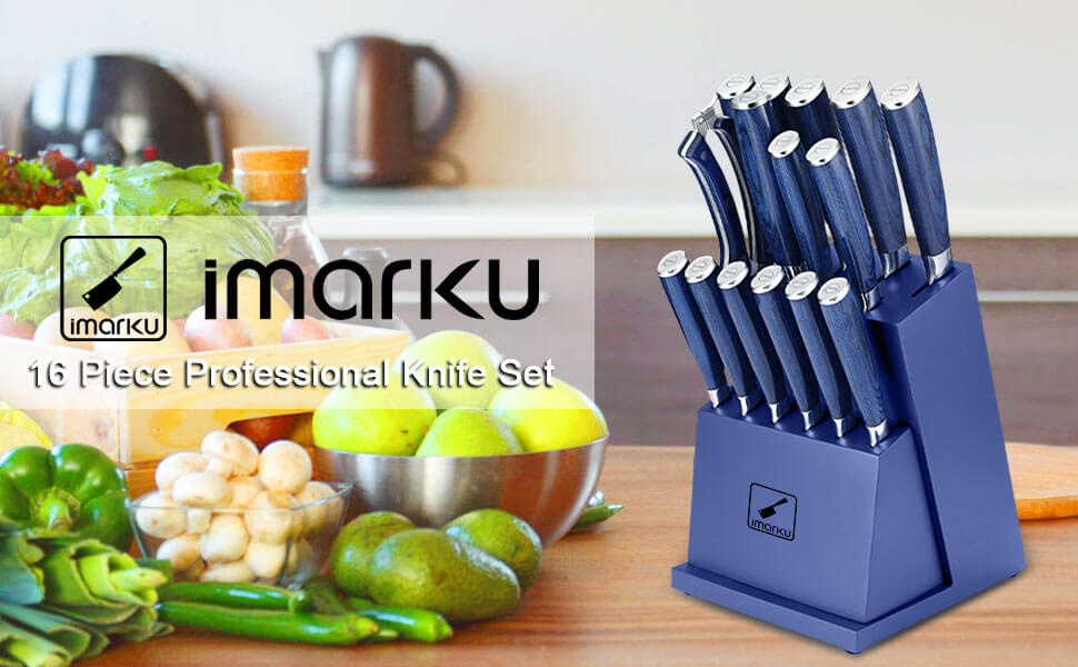 imarku 16-Piece Blue Japanese Knife Set with removeable block