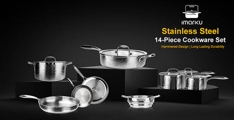 The hammered surface of the stainless steel pots and pans set adopts a triply fully clad steel design