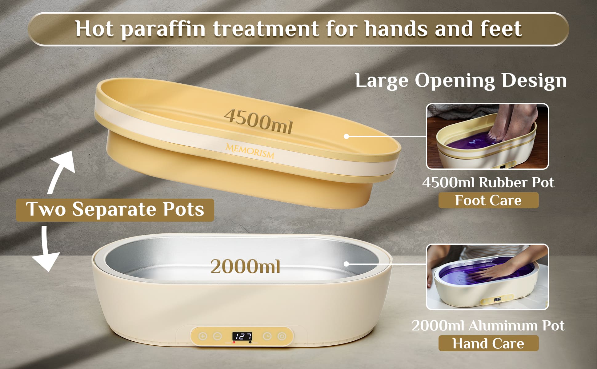 Memorism Paraffin Wax Machine for Hand and Feet, 2000ml Aluminum Pot for  Hands + 4500ml Rubber Pot for Feet