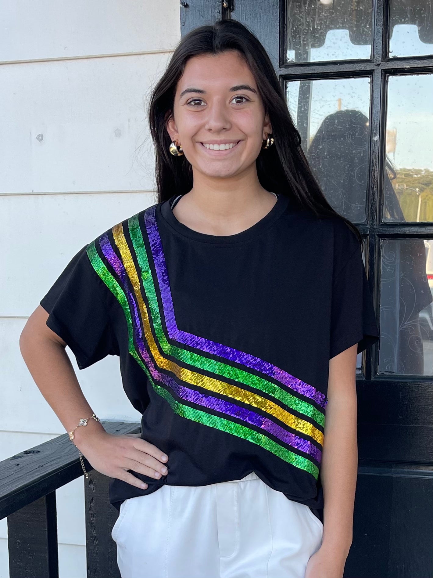 QOS - BLACK DIAGONAL MARDI GRAS STRIPE TEE