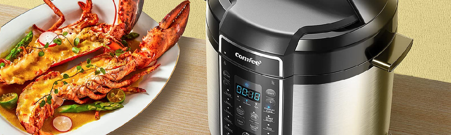 comfee pressure cooker with a plate of lobster