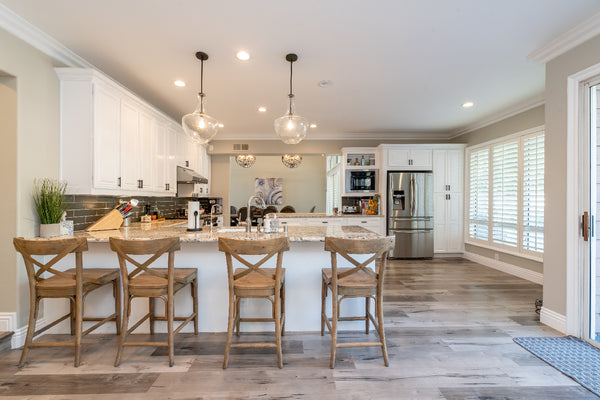 Kitchen with round irregular pendant lights