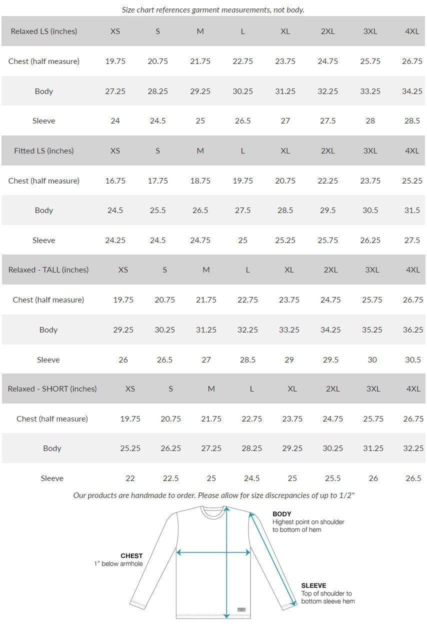 VC Ultimate Classic Long Sleeve Size Chart