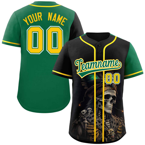 Custom Black Kelly Green Color Block Personalized Skull Pattern Authentic Baseball Jersey