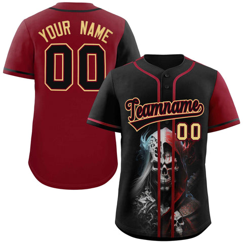 Custom Black Crimson Color Block Personalized Skull Pattern Authentic Baseball Jersey