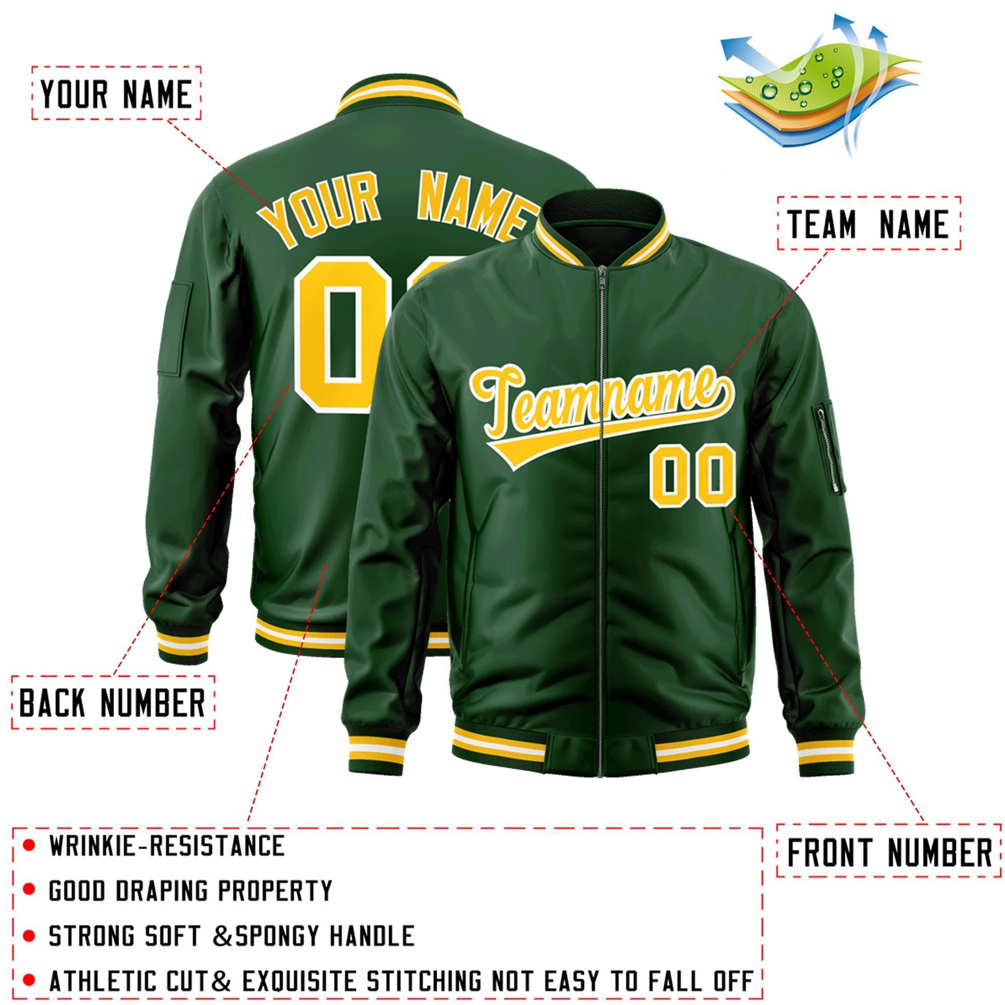 Custom Green Gold-White Varsity Full-Zip Letterman Bomber Jacket