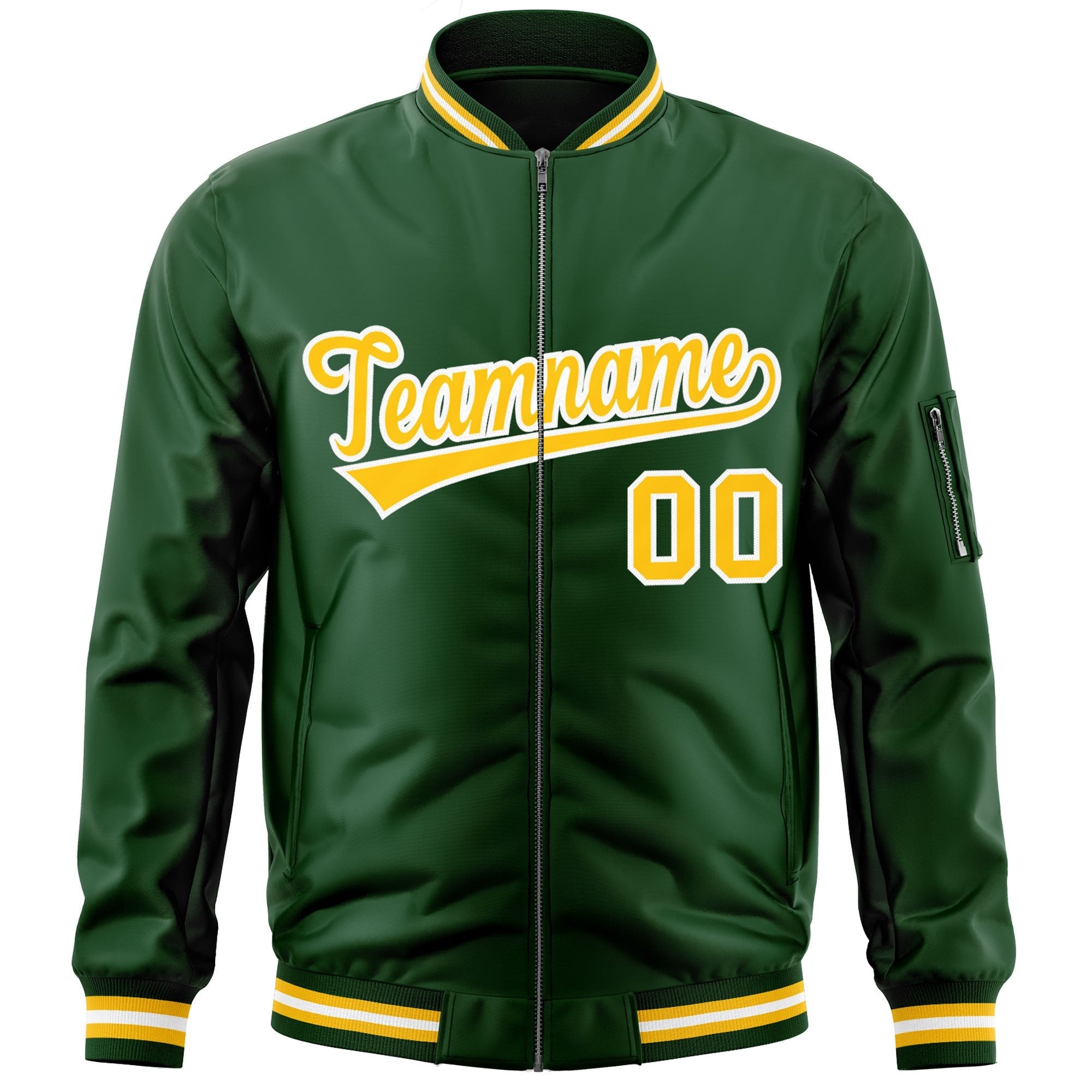 Custom Green Gold-White Varsity Full-Zip Letterman Bomber Jacket