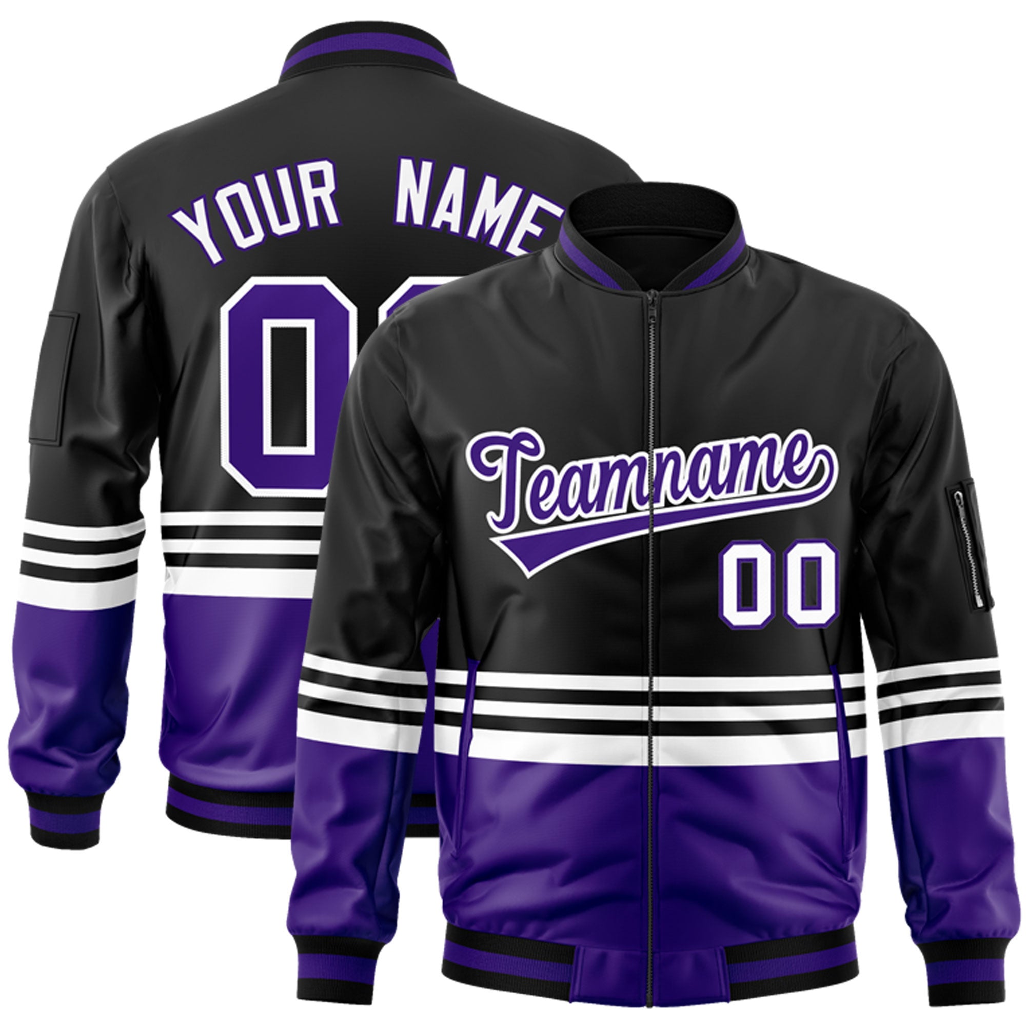 Custom Black Purple-White Varsity Full-Zip Color Block Letterman Bomber Jacket
