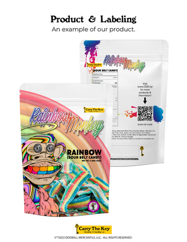 Rainbow Monkey brand sour belt candy packaging.