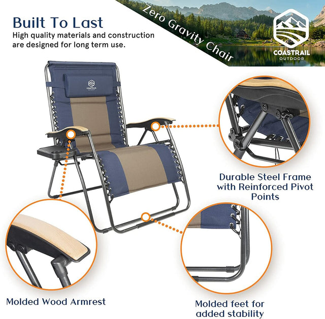 Coastrail Outdoor Zero Gravity Chair Premium Wood Armrest Padded Comfo