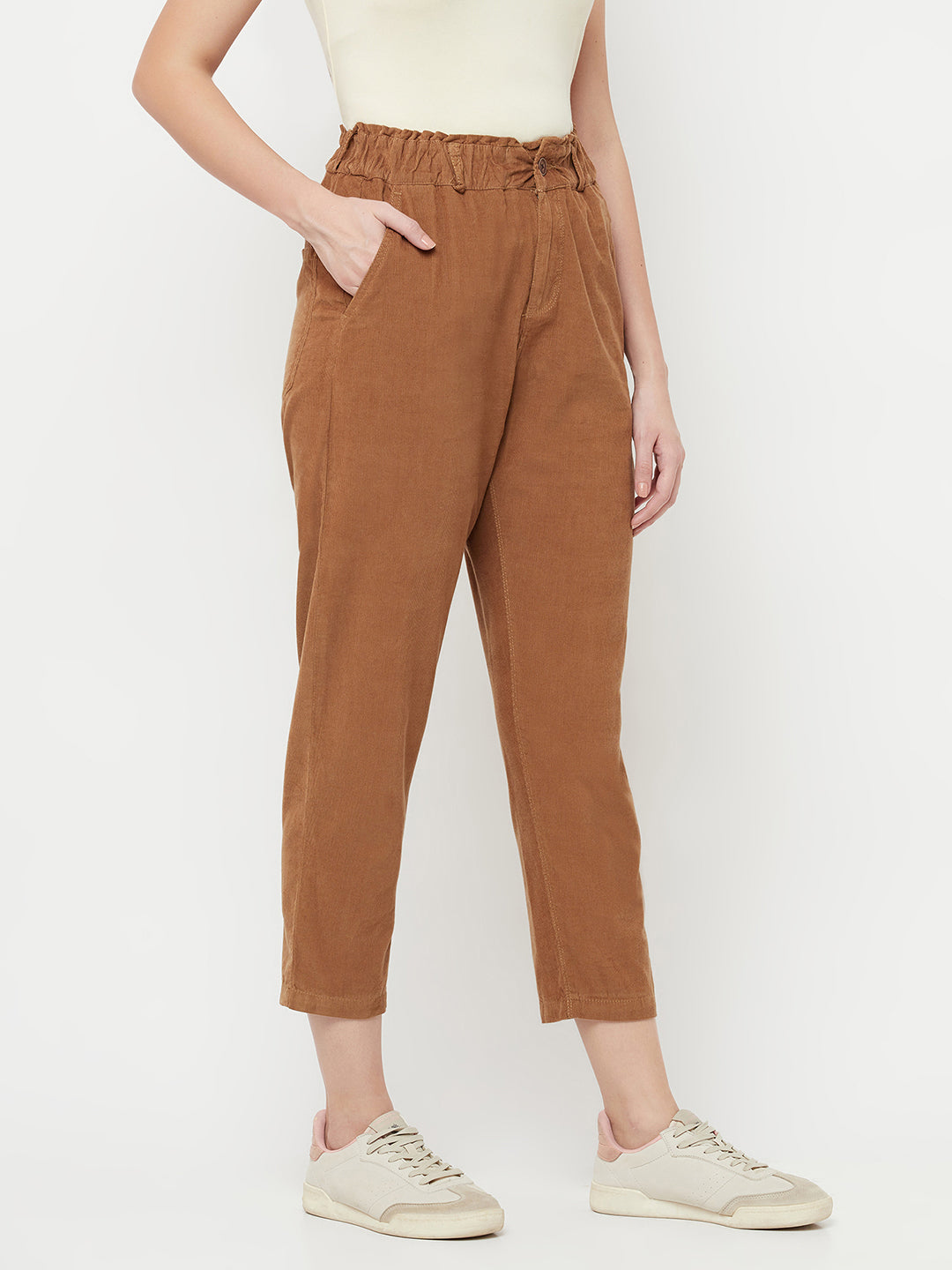 Buy Cottonworld Women Olive Brown Solid Cropped Trousers  Trousers for  Women 6786893  Myntra