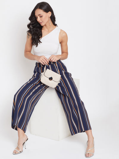 SHOWOFF Women Navy Blue Striped Loose Fit Parallel Trouser