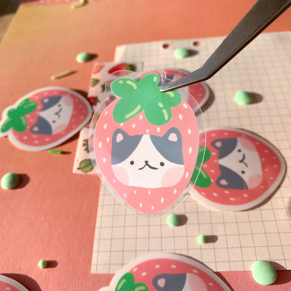 Strawberry Cat Clear Waterproof Vinyl Sticker
