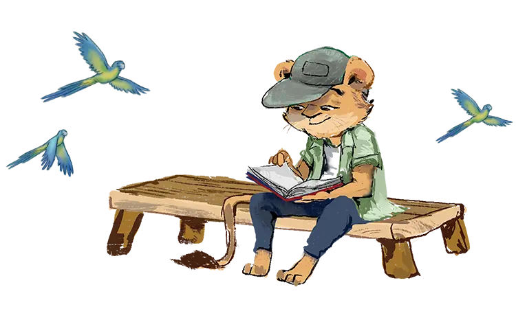 A BRAVE character sitting on a bench reading a book