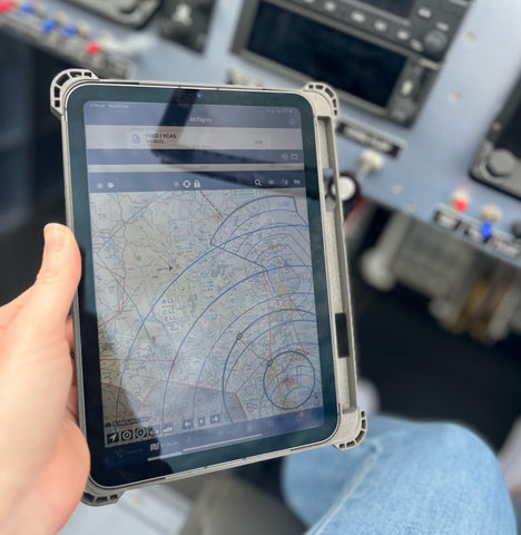 The iPad mini 6 in the cooling case with an Electronic Flight Bag app opened.