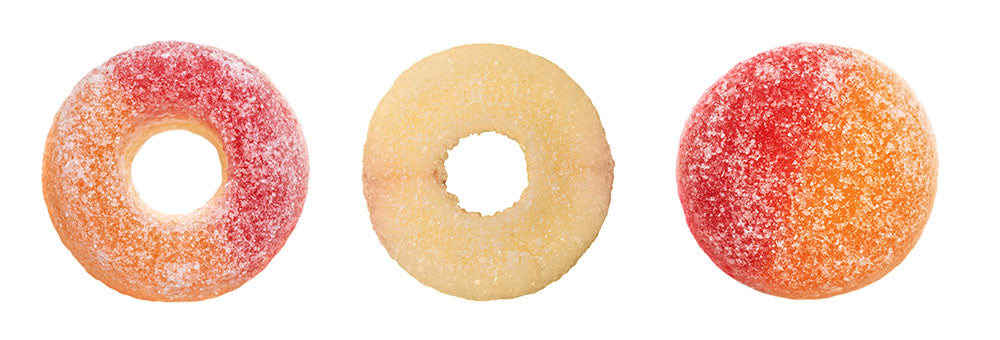 A textured triptych of peach rings.