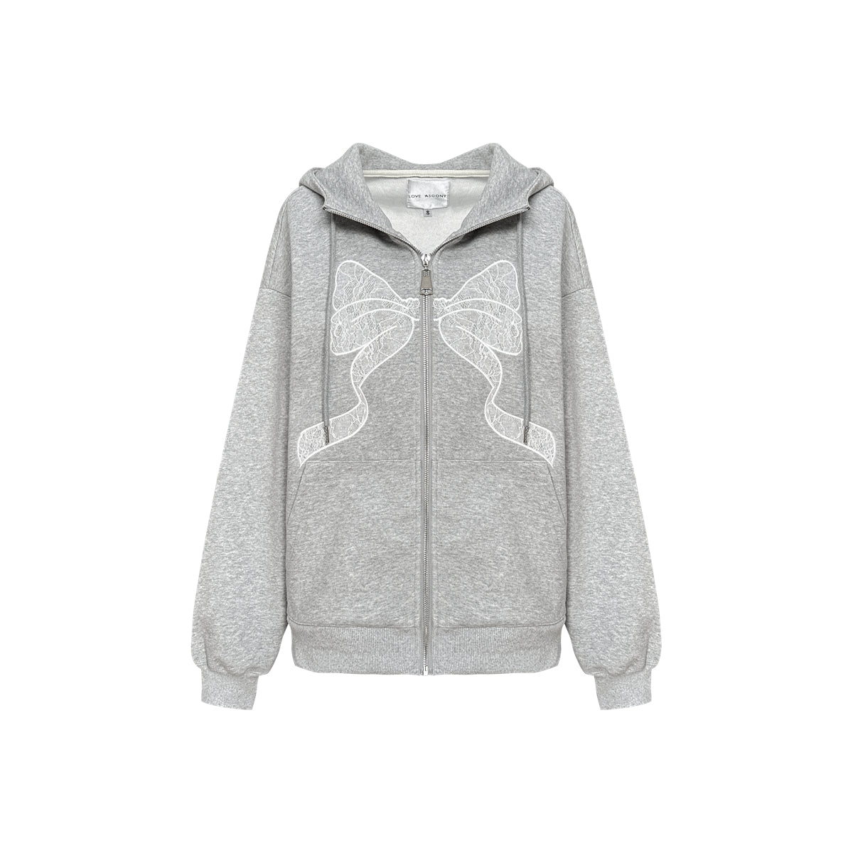 AsGony Bow Patch Zip Up Hoodie Grey