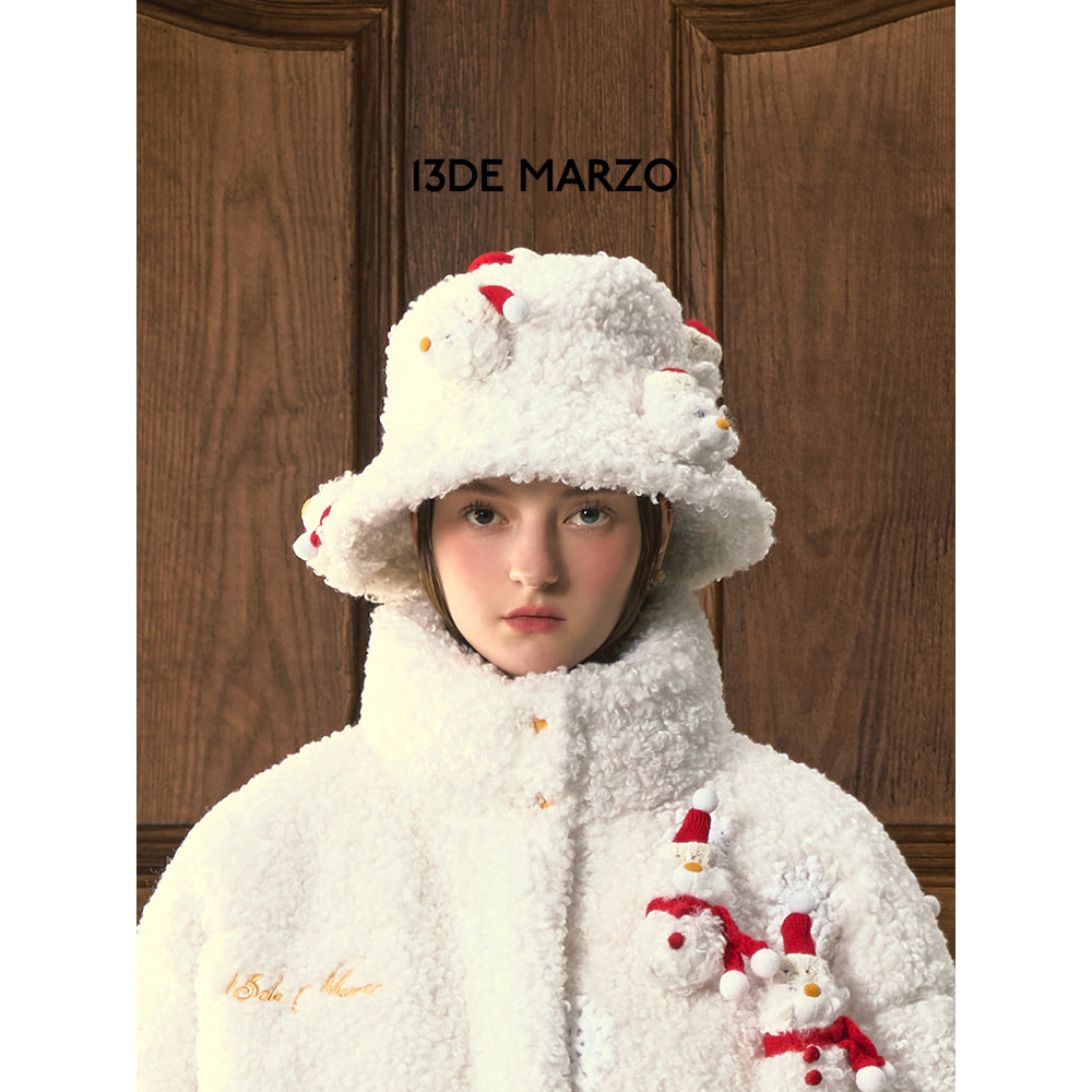 13De Marzo Christmas Snowman Fleece Bucket Hat White