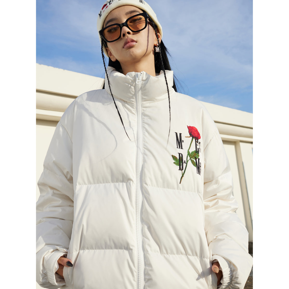 MEDM Embroidery Rose Logo Down Jacket White