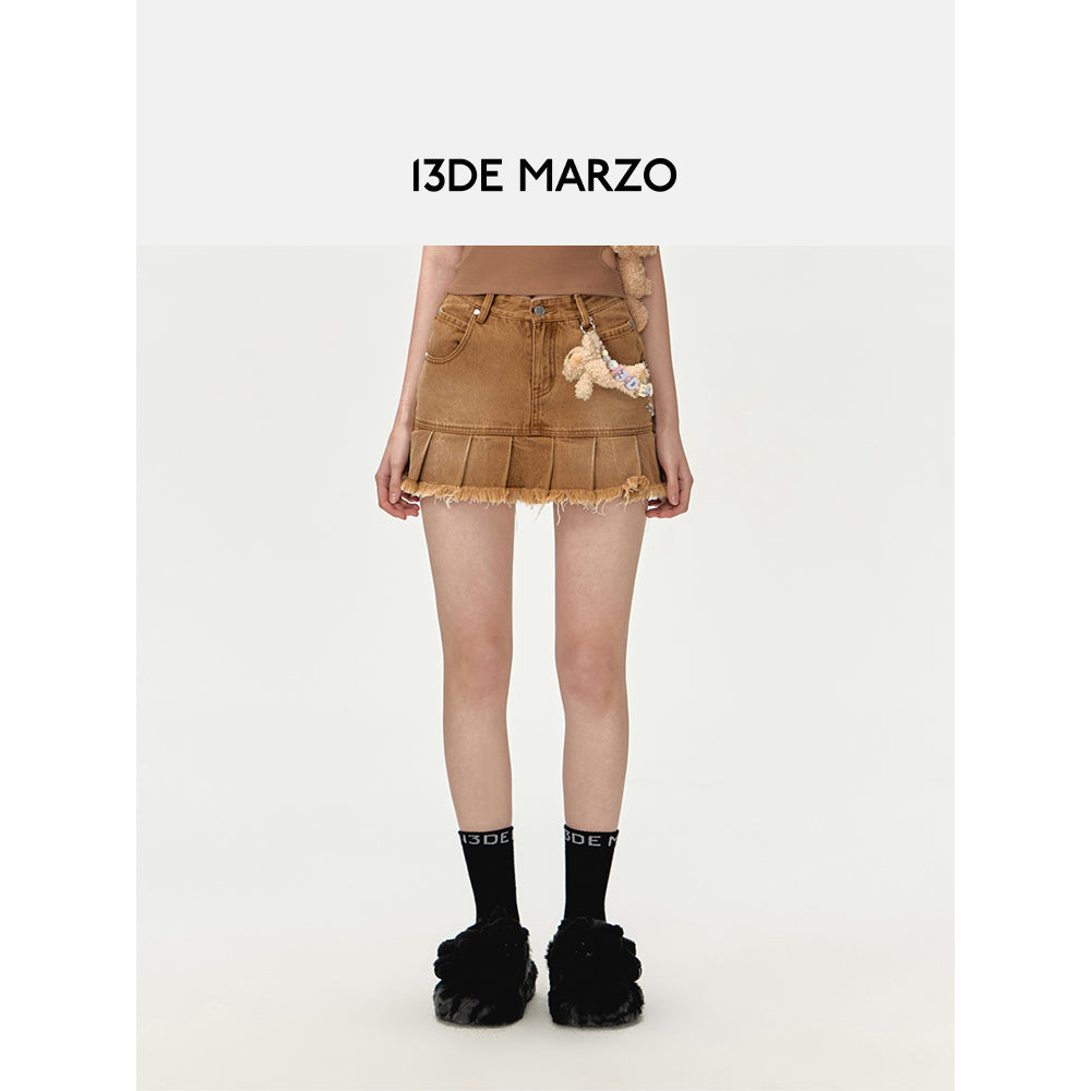 13De Marzo Logo Bead Chain Denim Skirt Brown