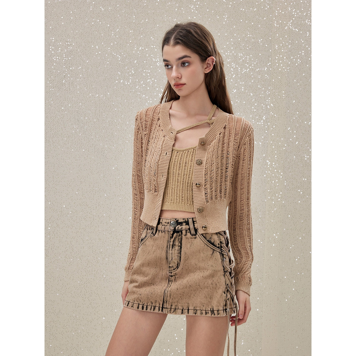 Rocha Roma Wasteland Punk Hollow Knitted Cardigan Khaki