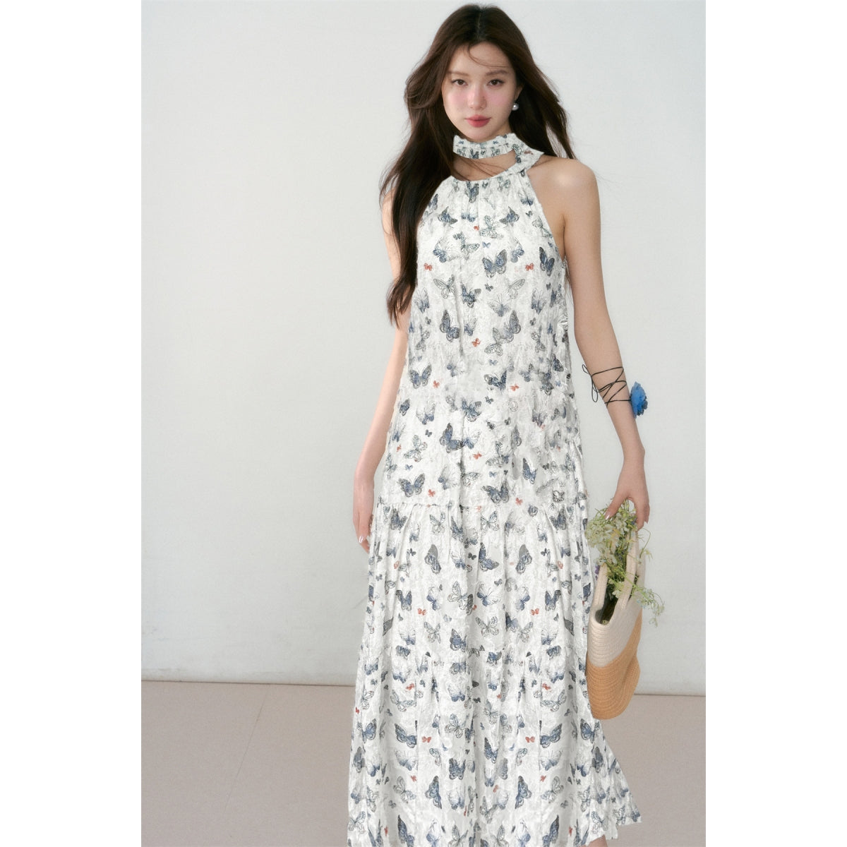 AsGony Butterfly Floral Halterneck Long Dress Cream