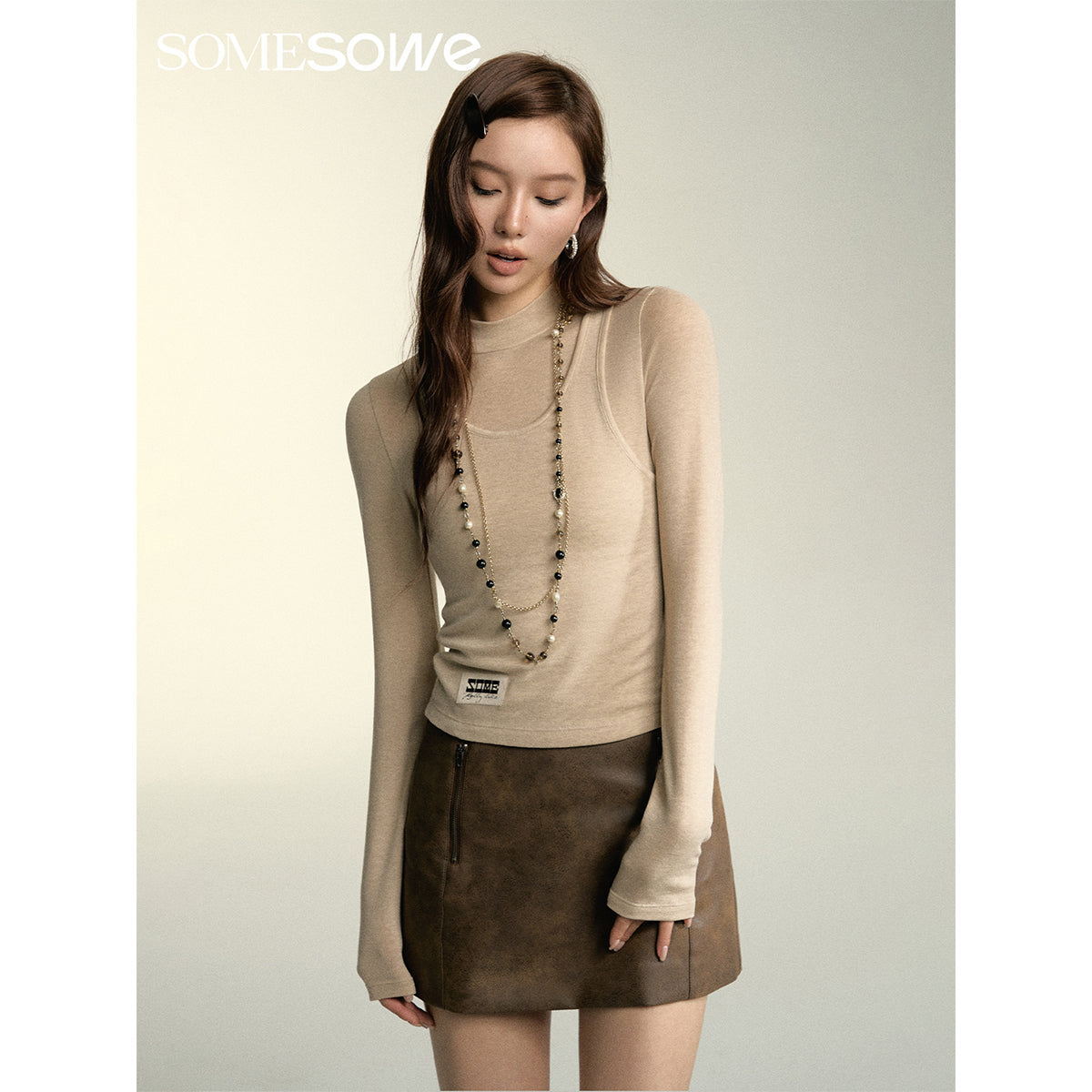 SomeSowe Turtleneck Fake-2-Piece Slim Woolen Top Khaki