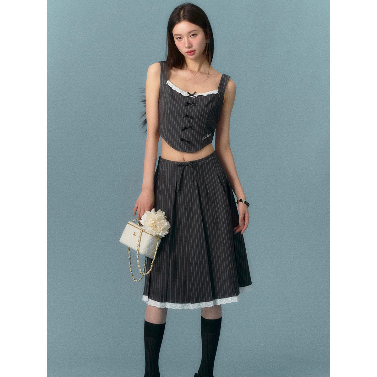 AsGony Bow-Knot Striped Long Skirt