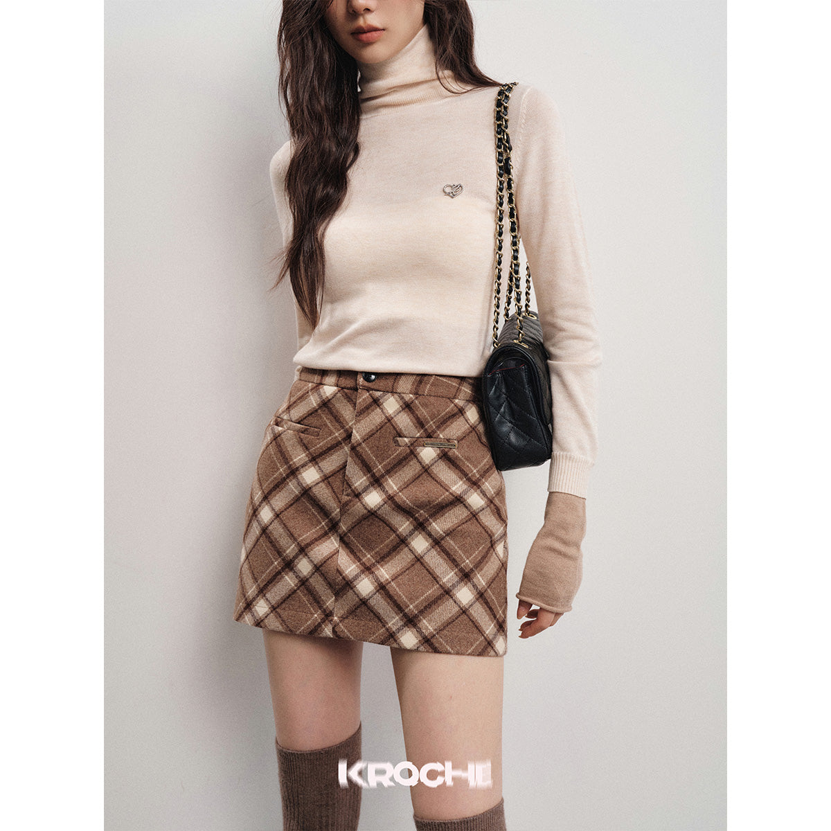 Kroche Vintage Checked Short Woolen A-Line Skirt