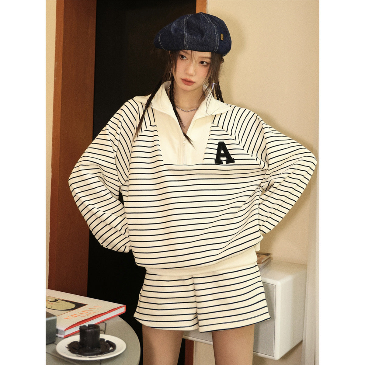 AsGony Logo Embroidery Striped V-Neck Sweater