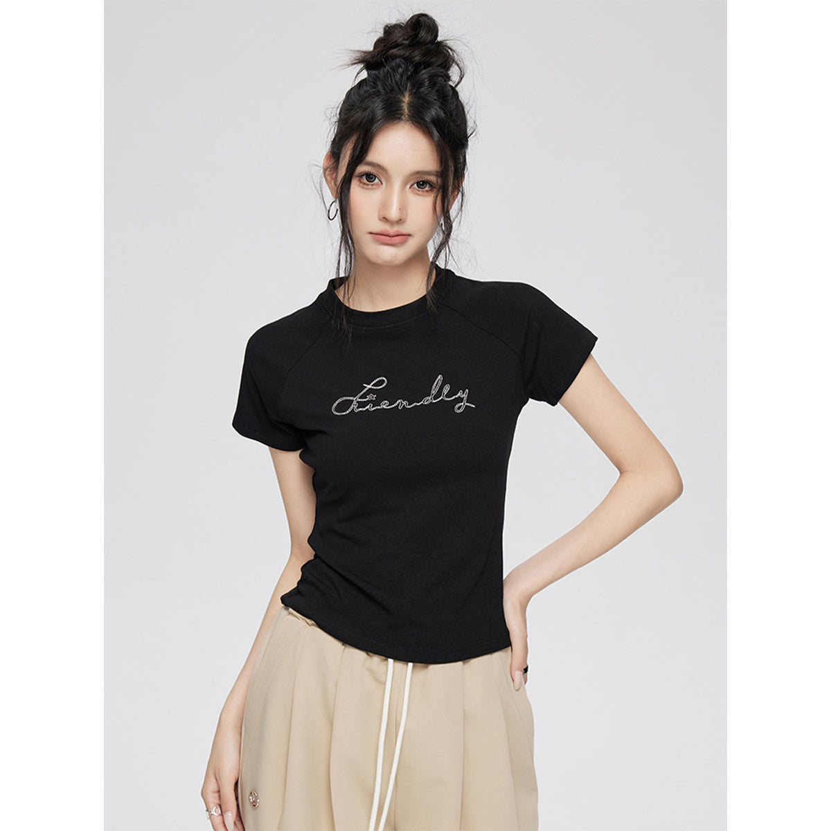 MacyMccoy Letter Embroidered Versatile T-Shirt Black