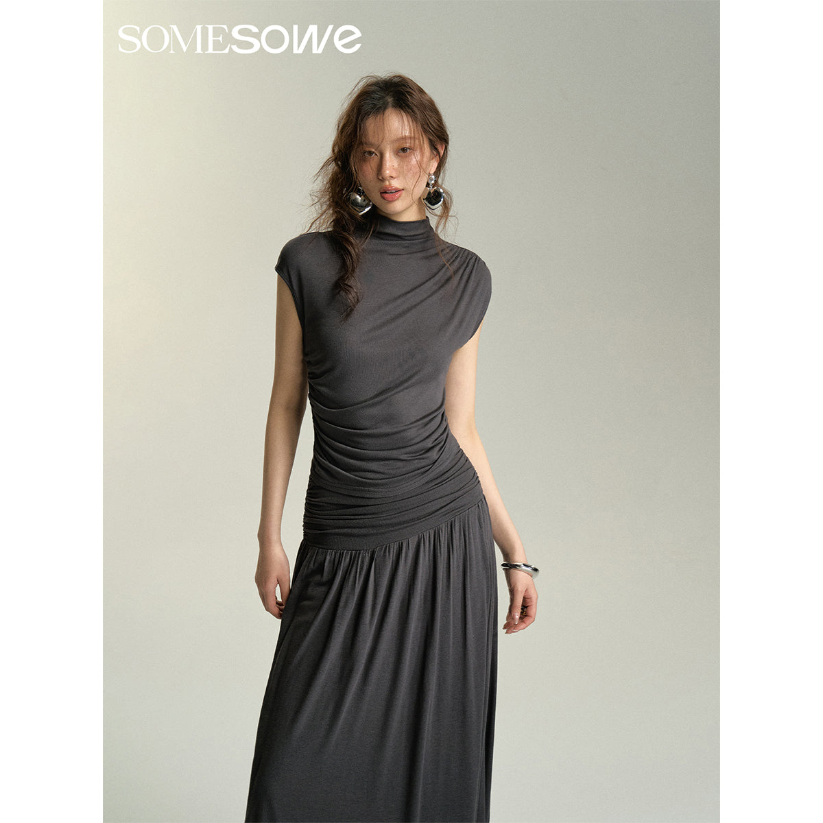 SomeSowe Turtleneck Heaped Ruffle Top Dark Grey