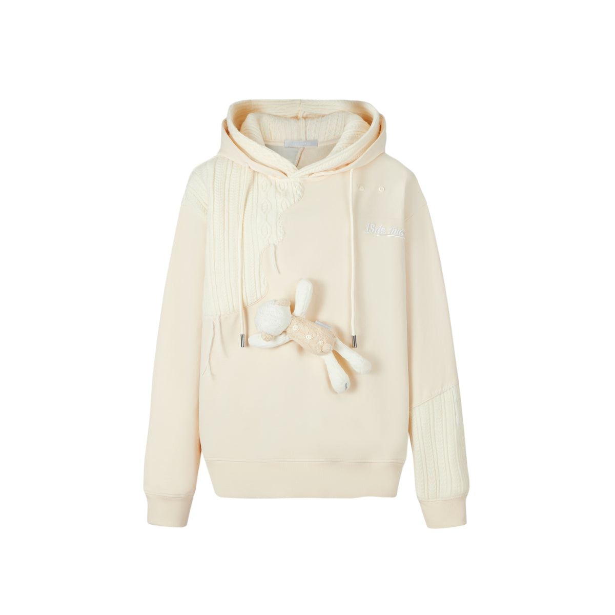 13De Marzo Bear Patchwork Knit Layered Hoodie Beige