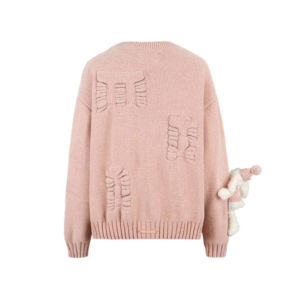 13De Marzo Plush Rabbit Jacquard Letter Knit Cardigan Pink