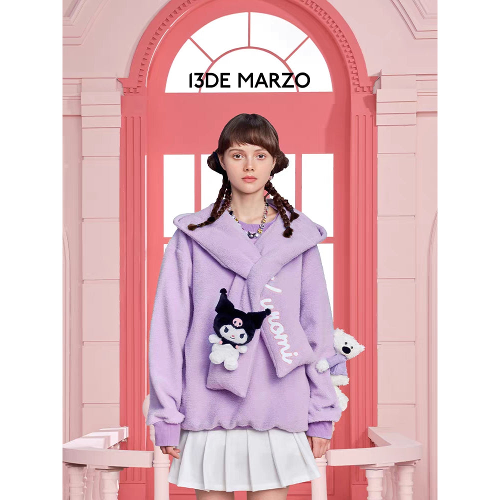 13De Marzo X Kuromi Bear Scarf Fleece Hoodie Purple