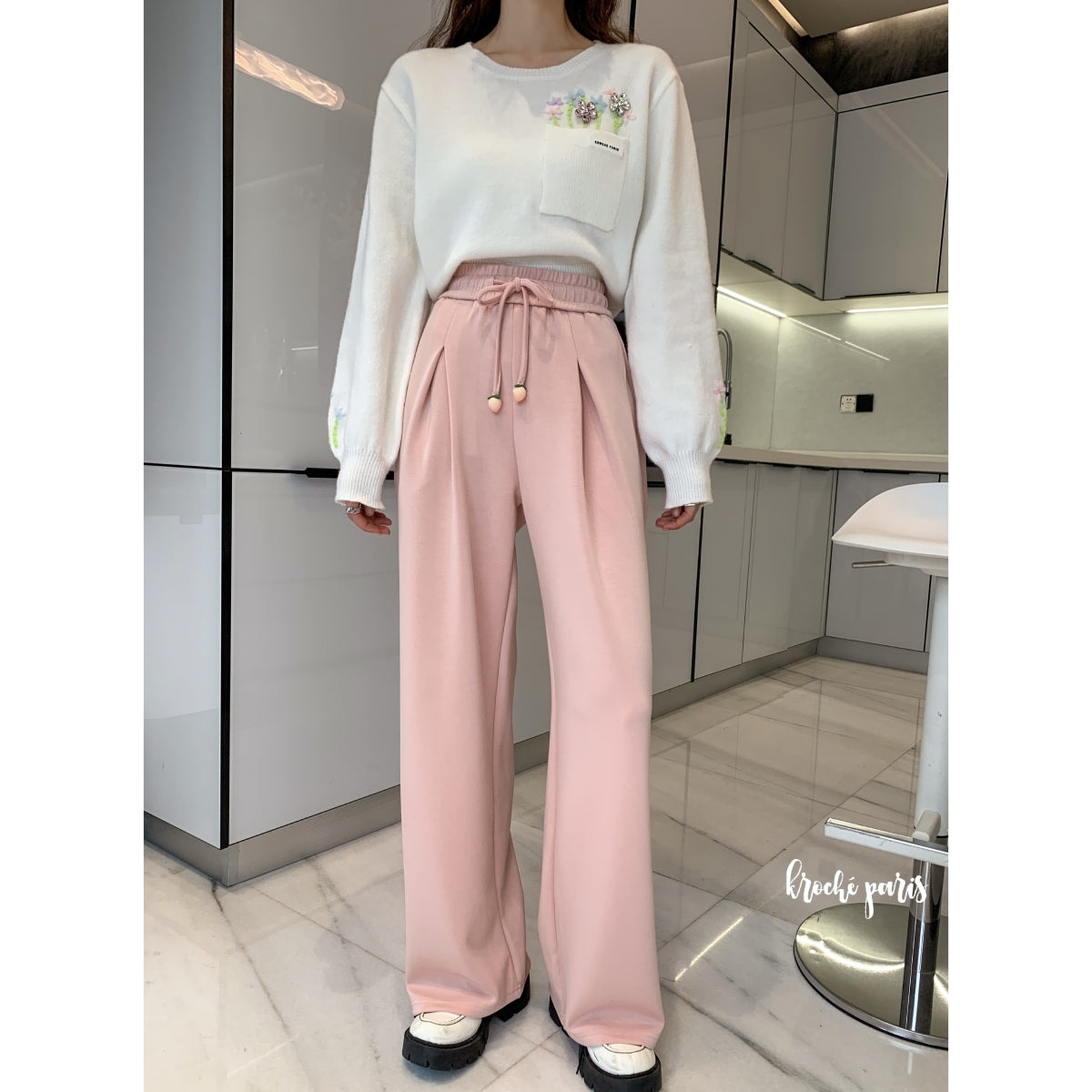 Kroche Peach Belt Wide Leg Pants Pink