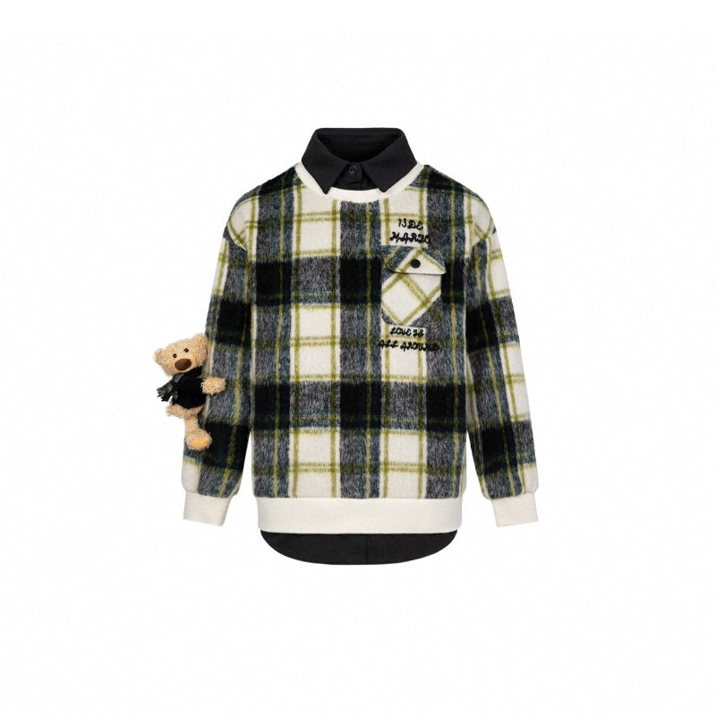 13 De Marzo Plush Bear Plaid Woolen Shirt Sweater