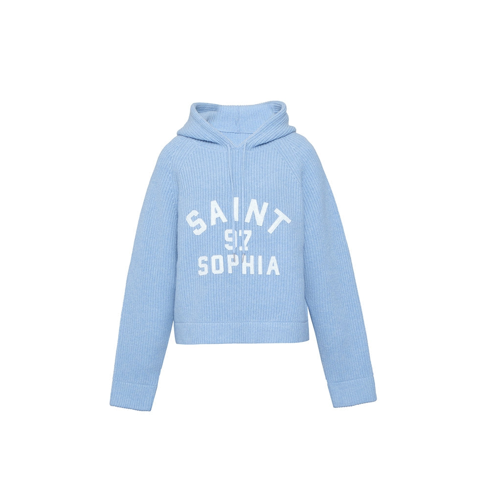 Concise-White Knitted Logo Hoodie Blue