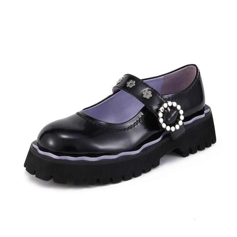 SugarSu Flower Button Mary Jane Flats Black