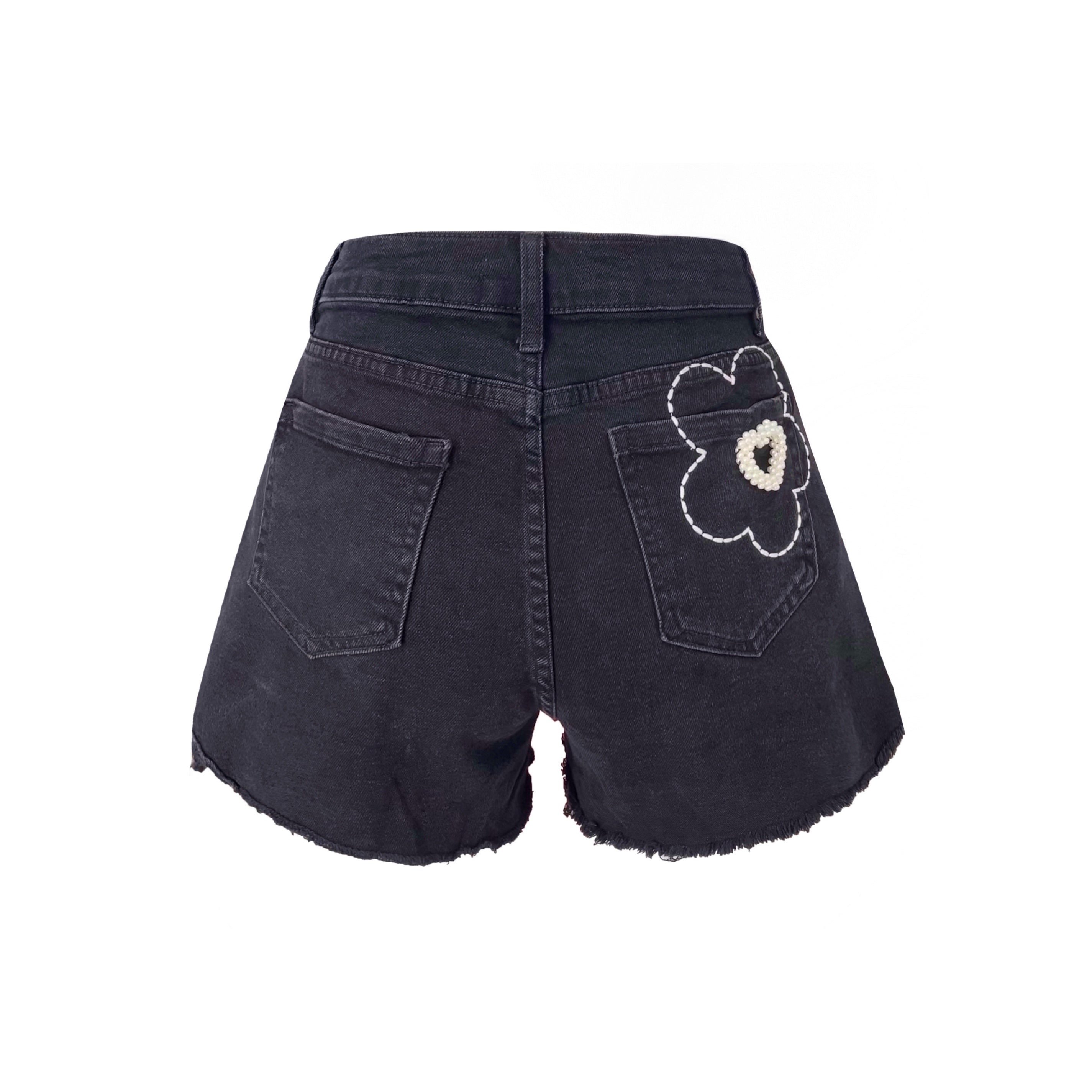 Kroche Embroidery Flower Denim Shorts Black