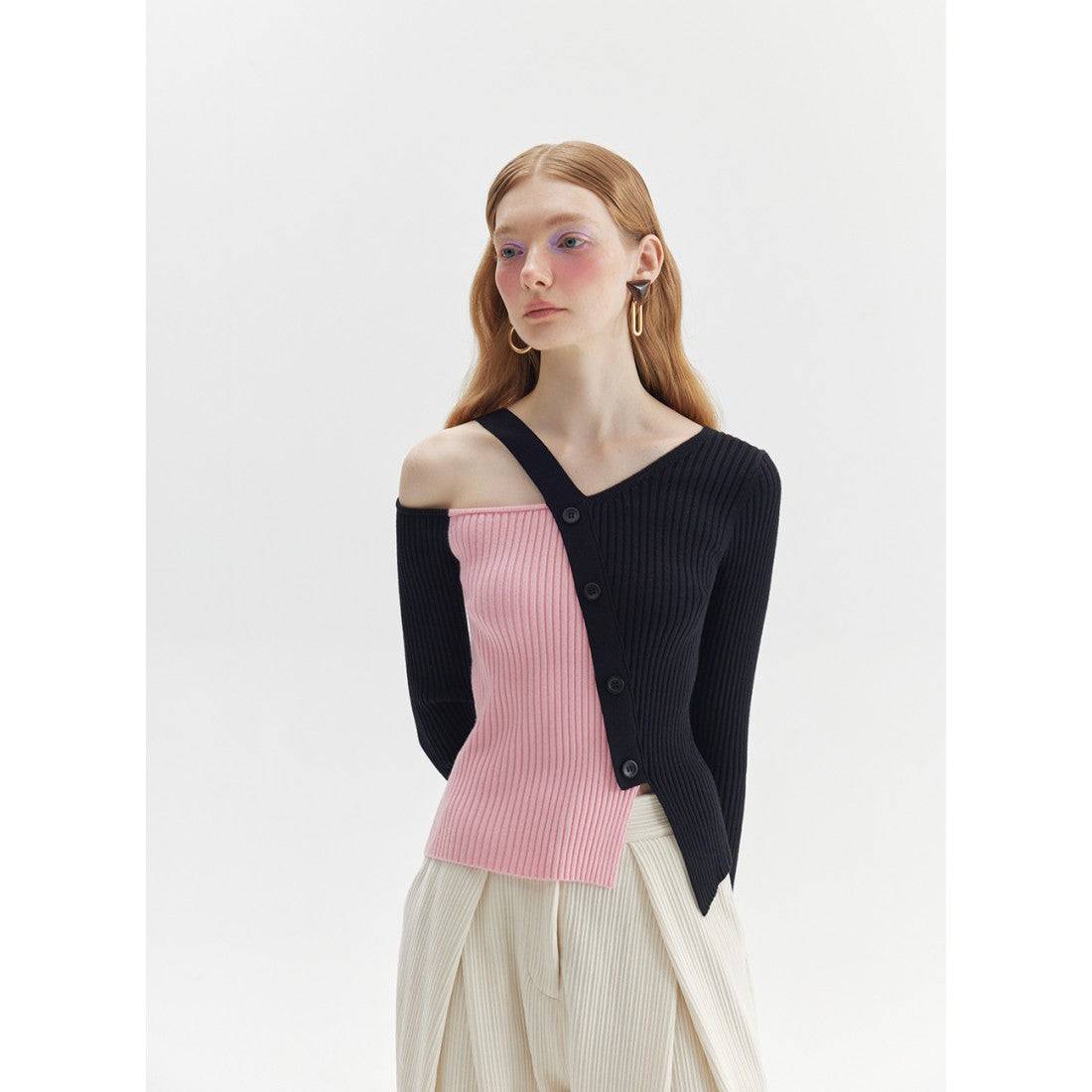 Rumia Ragu Knit Top Black&Pink