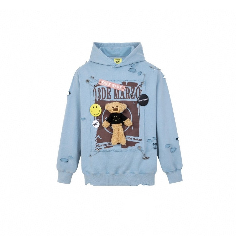 13De Marzo X Smiley Broken Pin Badge Bear Hoodie Blue