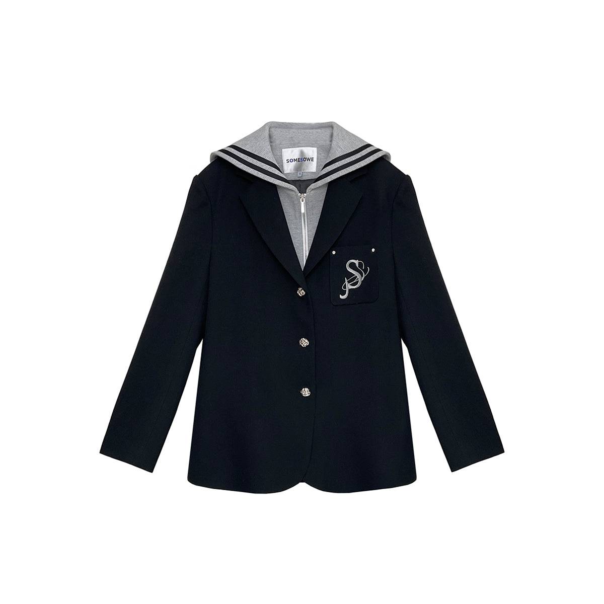 SomeSowe Lapel Embroidered Fake Two-Piece Sailor Blazer Black