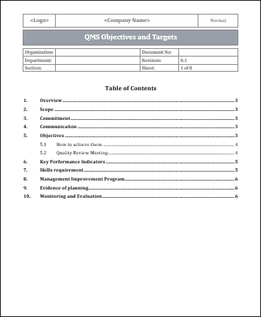 ISO 9001 Objectives And Targets Template